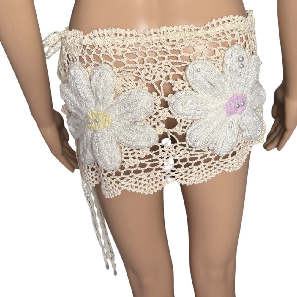 Upcycled Crochet Flower Mini Skirt Sheer Lace Wrap Ibiza Coquette Festival Fairy - Picture 5 of 6